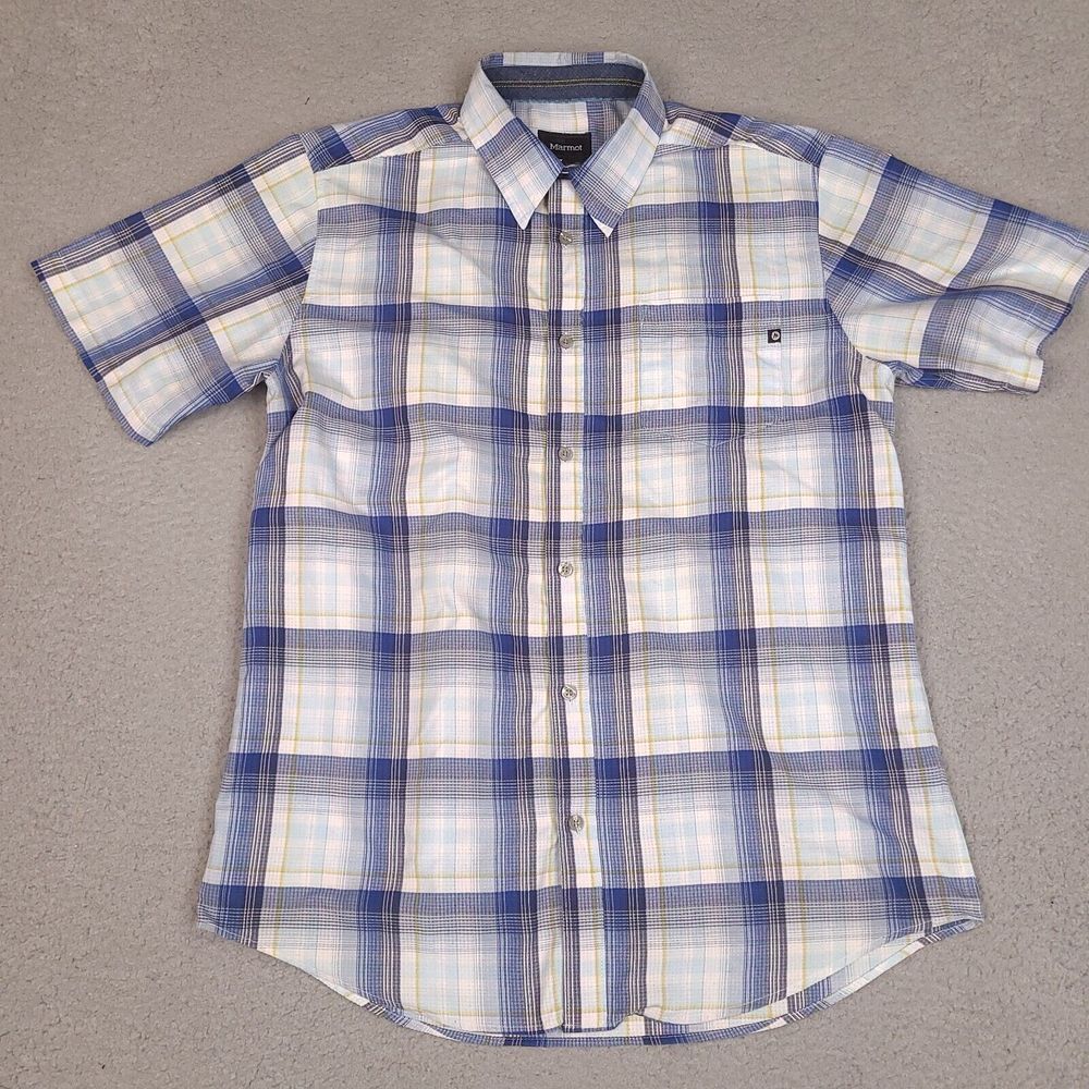 Marmot Shirt Mens Medium Short Sleeve Button‎ Up Blue Plaid Outdoors Hiking
